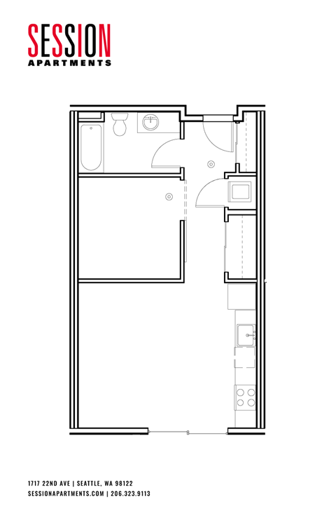 Floor plan for 1 bed, 1 bath, 543 sqft